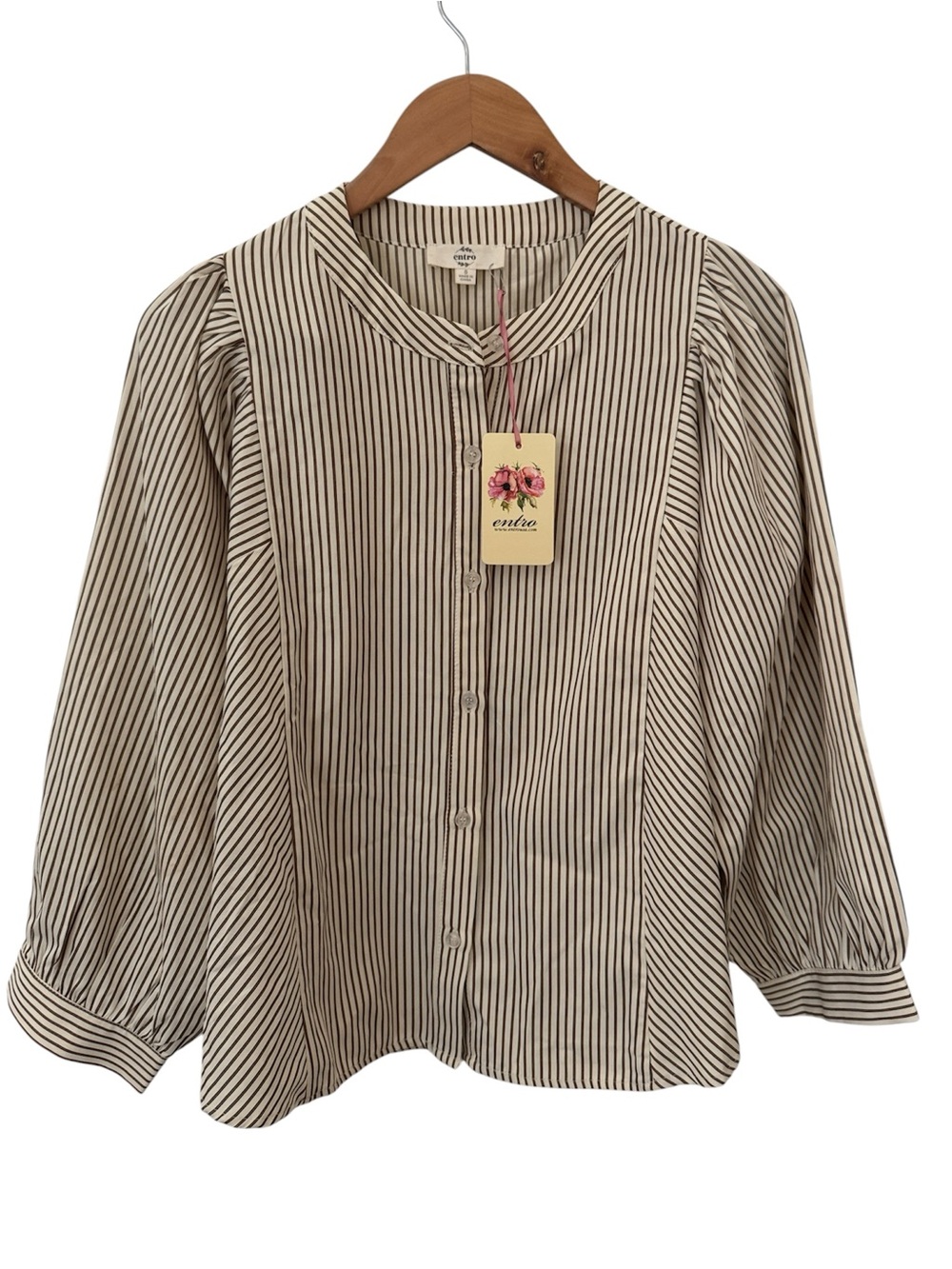 NEW Entro Striped Button Down Top, Brown/Cream, Small